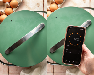 Side-by-side image of closing the lid on the large boiling pot and setting a time on the phone for 6 minutes.