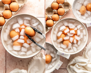 Side-by-side image of placing the eggs immediately in an ice bath for at least 15 minutes to help them peel easier.