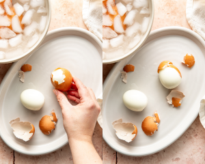 Side-by-side image showing how to peel a steamed hard boiled egg starting on the wide bottom side.