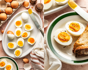 Side-by-side image of steamed hard boiled eggs cut in half and peeled on a large serving plate then one egg served with a piece of toast on a smaller round plate.