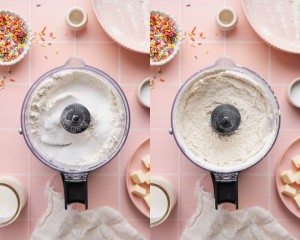 SIde-by-side image of pulsing the dry ingredients together in a food processor.