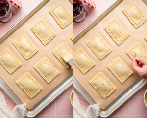 Side-by-side image of brushing the pop tarts with egg wash then poking 6-8 small holes in the tops.
