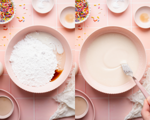 Side-by-side image of whisking the icing ingredients together in a medium mixing bowl.