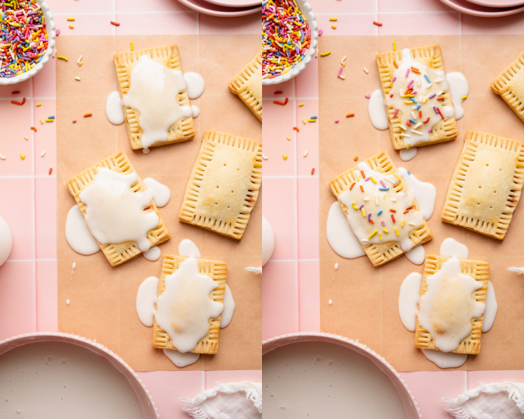 Side-by-side image of adding the icing to the cooled pop tarts then decorating with rainbow sprinkles.