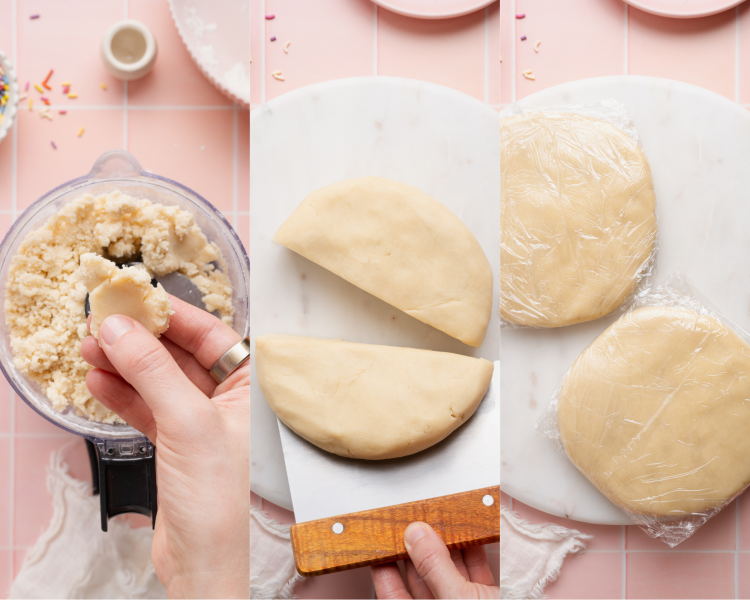 Three images side-by-side showing of to make, shape, divide and wrap the pie dough.