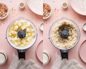 Side-by-side image of pulsing the butter into the dry ingredients in the food processor.