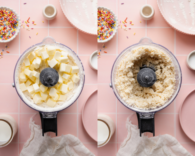 Side-by-side image of pulsing the butter into the dry ingredients in the food processor.