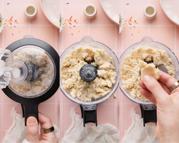 Three images side-by-side showing adding the milk to the pie crust in the food processor.