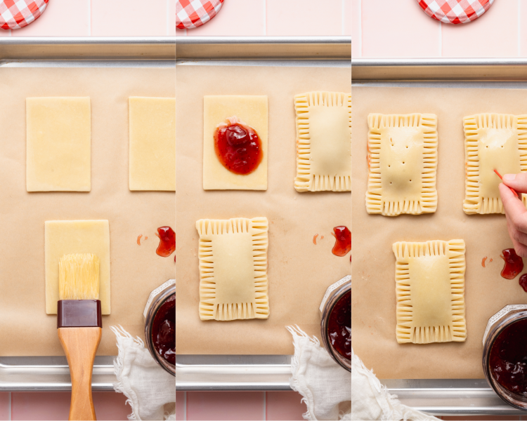Three images showing brushing the dough rectangles with egg wash, adding the strawberry preserves then adding the top layer of dough, crimping shut with a fork and poking holes with a toothpick.