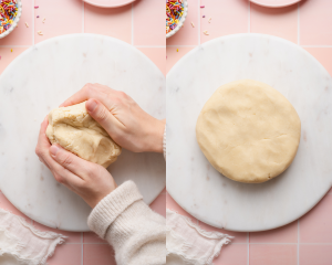Side-by-side images showing forming the dough into a round, flat disc.
