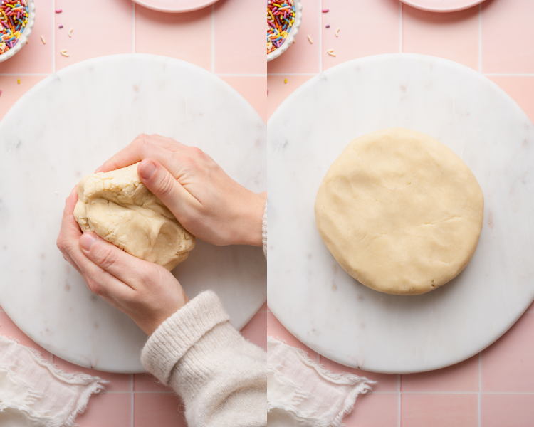 Side-by-side images showing forming the dough into a round, flat disc.