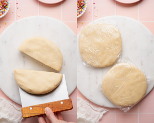 Side-by-side image showing cutting the dough in half then wrapping each disc into plastic wrap to chill.
