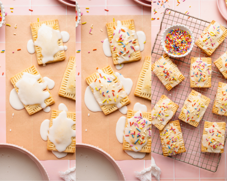 Three images showing how to ice, decorate and let pop tarts set.