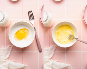 Side-by-side image of whisking egg wash together in a small bowl.