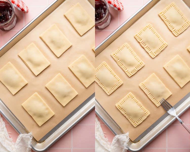 Side-by-side image showing adding the top rectangle of pie crust then using a fork to crimp shut.