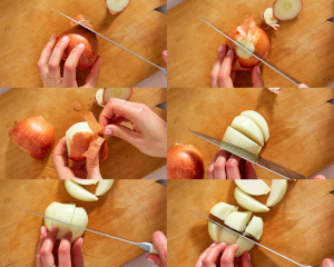 Six images showing how to cut an onion into wedges.
