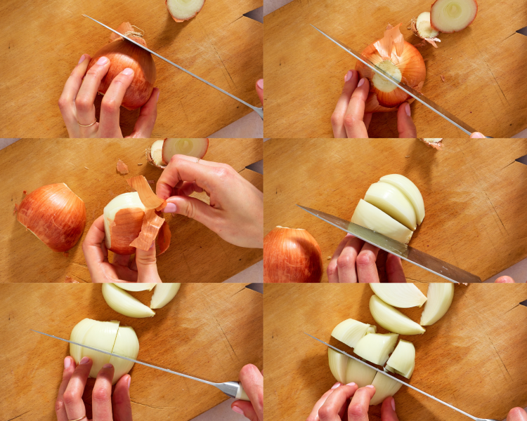 Six images showing how to cut an onion into wedges.