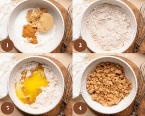 Four-step collage showing how to make streusel topping: (1) flour, brown sugar, granulated sugar, and cinnamon added to a bowl, (2) dry ingredients whisked together, (3) melted butter poured in, and (4) mixture combined into crumbly streusel.