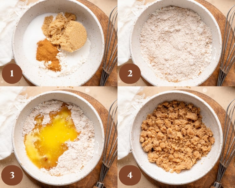 Four-step collage showing how to make streusel topping: (1) flour, brown sugar, granulated sugar, and cinnamon added to a bowl, (2) dry ingredients whisked together, (3) melted butter poured in, and (4) mixture combined into crumbly streusel.