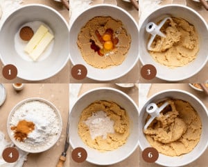 Six-step collage showing cookie dough preparation: (1) butter, granulated sugar, brown sugar, and cinnamon in a mixing bowl, (2) eggs and vanilla added to creamed mixture, (3) mixture blended until smooth, (4) dry ingredients in a separate bowl, (5) dry ingredients added to wet mixture, and (6) dough mixed until thick and fully combined.