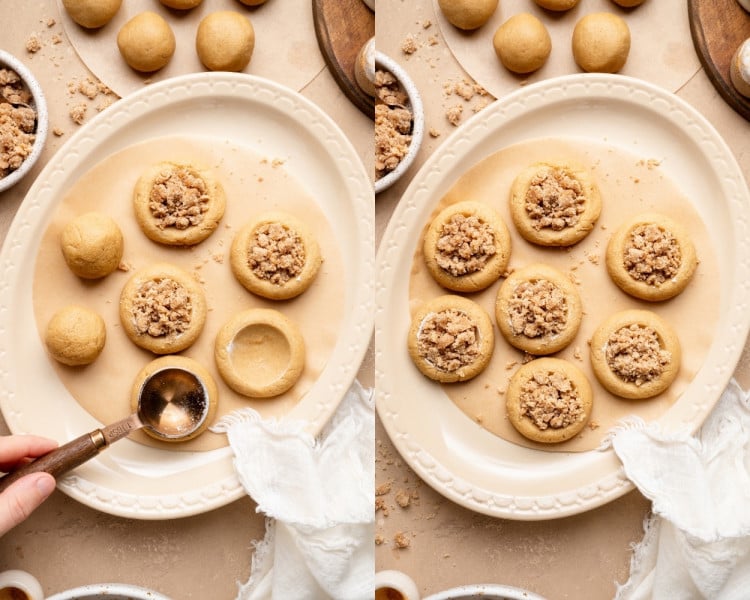 Two-frame collage showing shaping cookies: left image shows cookie dough balls with one pressed into an indent using a tablespoon, and right image shows each cookie filled with crumb streusel in the center.