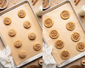 Two-frame collage showing before and after baking: left image shows unbaked cookies with streusel centers spaced on a parchment-lined baking sheet, and right image shows baked cookies slightly spread with golden edges and set centers.