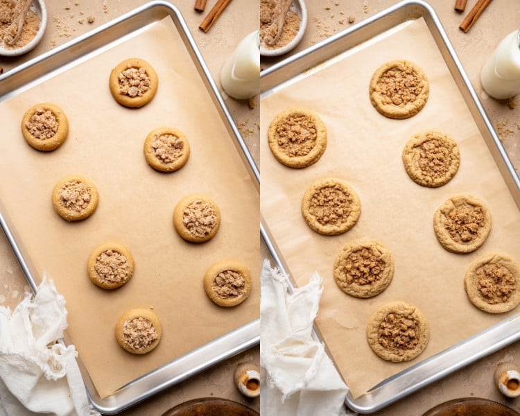 Two-frame collage showing before and after baking: left image shows unbaked cookies with streusel centers spaced on a parchment-lined baking sheet, and right image shows baked cookies slightly spread with golden edges and set centers.