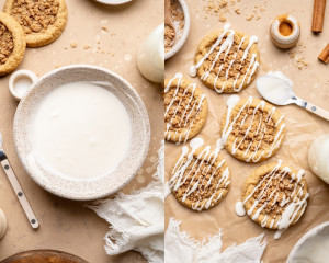 Two-frame collage showing finishing step: left image shows a bowl of white glaze, and right image shows baked coffee cake cookies drizzled with glaze on parchment paper with a spoon and scattered crumbs nearby.