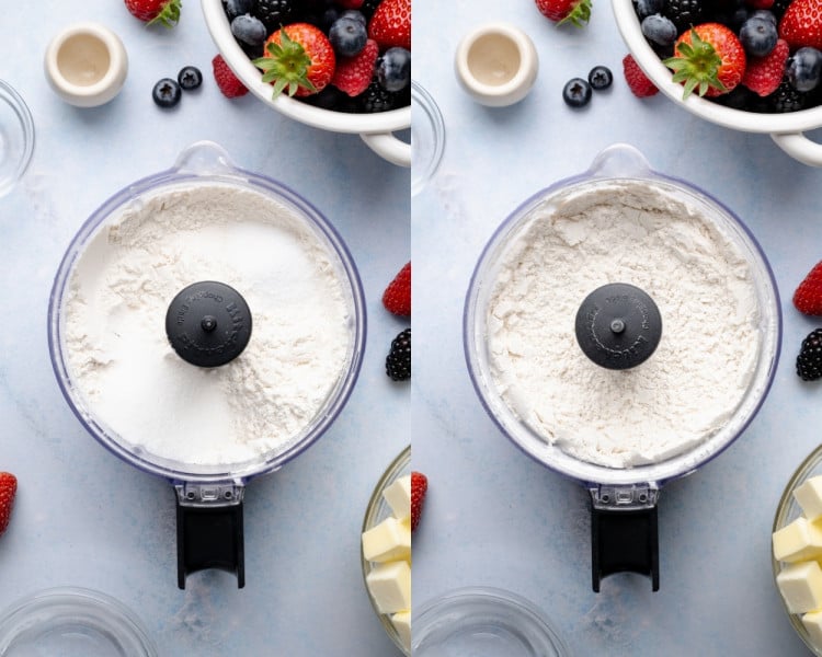 Two-panel image showing flour and sugar in a food processor bowl before and after mixing, demonstrating dry ingredients being combined for galette dough.