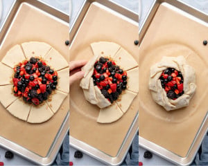 Three-panel collage showing galette shaping—dough edges sliced into sections, then folded up and over the berry filling to create a rustic crust.