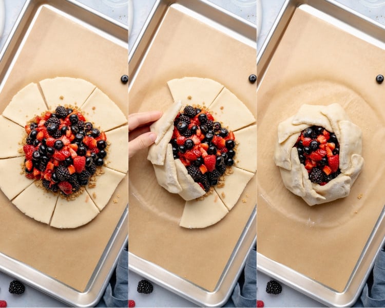 Three-panel collage showing galette shaping&mdash;dough edges sliced into sections, then folded up and over the berry filling to create a rustic crust.