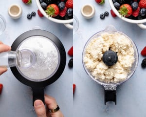 Two-panel image showing ice water being poured into a food processor and the dough mixture coming together into moist, crumbly clumps.