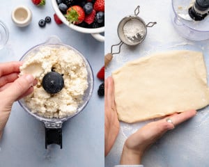 Two-panel image showing dough pressed together in a food processor and then shaped into a flat rectangle on a floured surface, ready for folding.