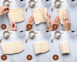 Six-step collage demonstrating laminating dough by folding it over itself multiple times on a floured surface to create layers for a flaky galette crust.