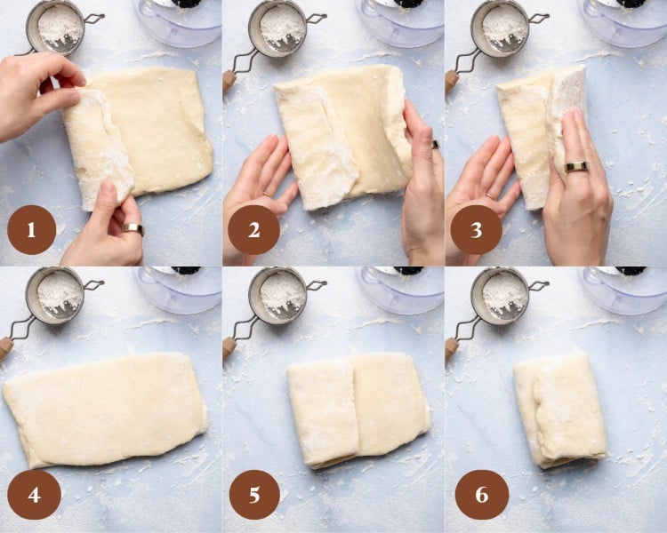 Six-step collage demonstrating laminating dough by folding it over itself multiple times on a floured surface to create layers for a flaky galette crust.