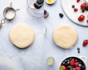 Two-panel image showing dough shaped into a smooth round disk and then wrapped tightly in plastic wrap, ready to chill before rolling out.