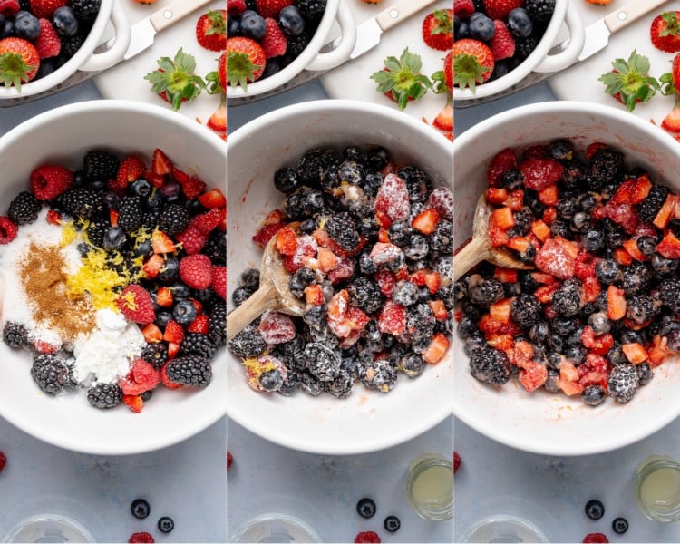 Three-panel collage showing mixed berry filling being prepared in a bowl&mdash;fresh strawberries, blueberries, raspberries, and blackberries combined with sugar, lemon zest, cinnamon, and cornstarch, then stirred until evenly coated and glossy.