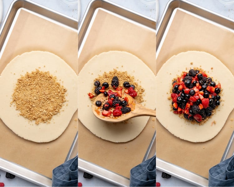 Three-panel collage showing assembly of galette&mdash;graham cracker crumbs sprinkled in the center of the dough, followed by spooning mixed berry filling on top.