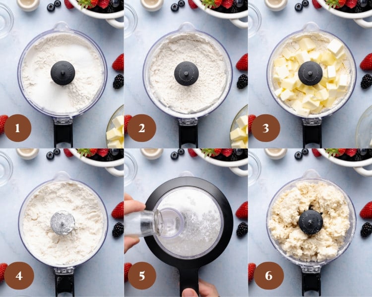 Six-step collage showing how to make galette dough in a food processor&mdash;flour, sugar, and salt pulsed together, cold cubed butter added and blended until crumbly, then ice water drizzled in until the dough forms moist, clumpy crumbs.