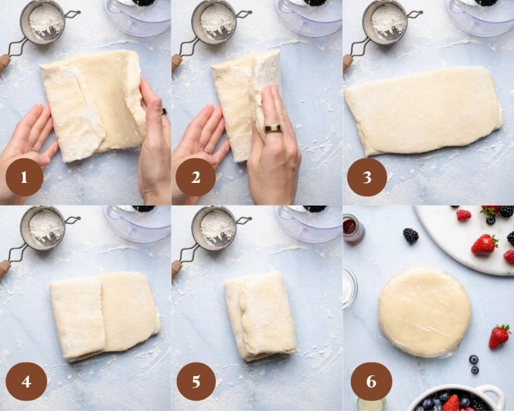 Six-step collage showing folding the galette dough to create layers&mdash;dough pressed into a rectangle, folded over itself several times on a floured surface, then shaped into a compact block and wrapped in plastic wrap to chill.