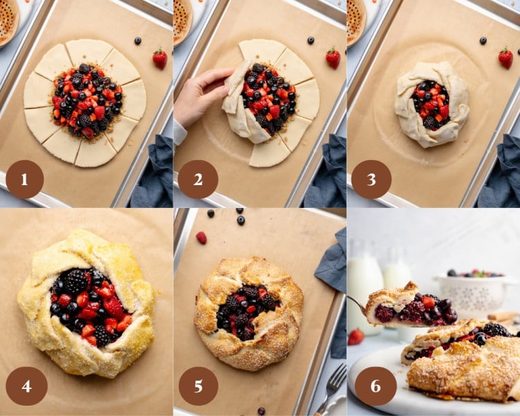 Six-step collage showing assembling and baking a mixed berry galette&mdash;berry filling placed in the center of rolled dough, edges cut and folded over, brushed with egg wash and sprinkled with sugar, then baked until golden brown and served sliced.