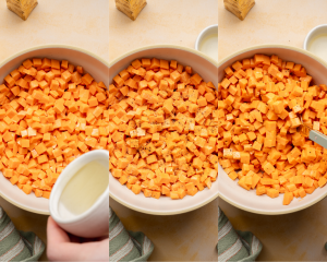 Three images side-by-side showing how to oil the potatoes and add salt and pepper.