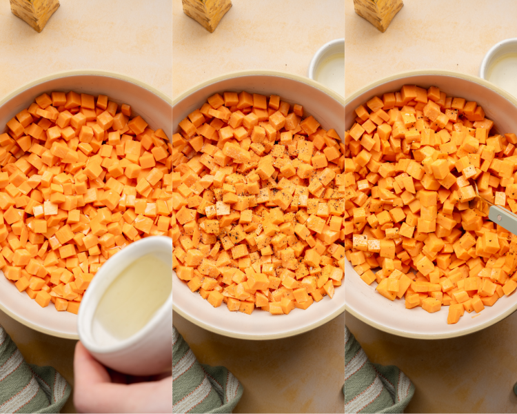 Three images side-by-side showing how to oil the potatoes and add salt and pepper.