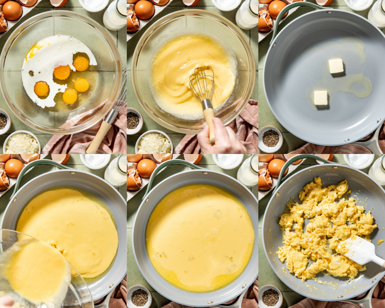 Six images of cooking scrambled eggs for breakfast tacos.