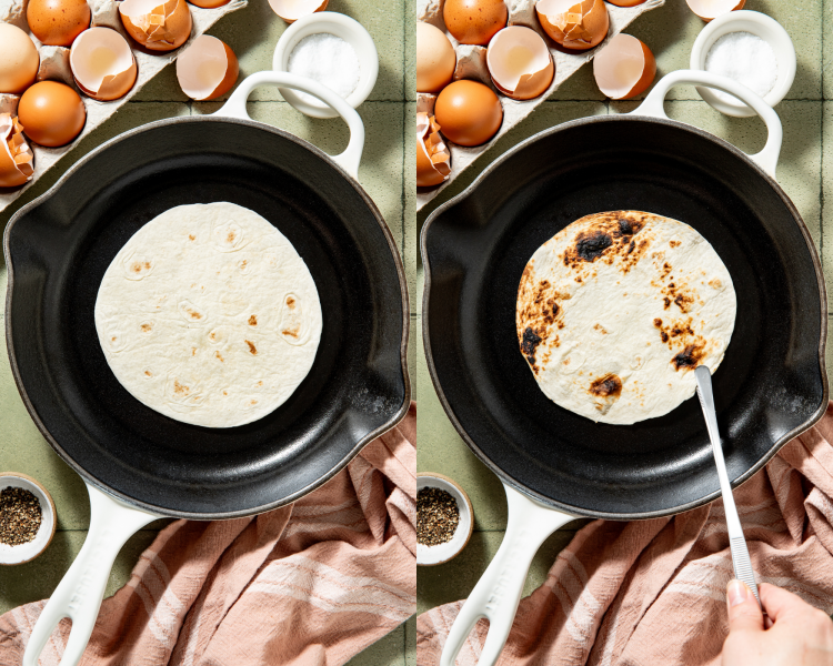 Side-by-side image of heating tortillas in a dry cast iron pan.