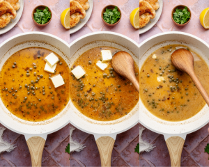 Three images side-by-side showing adding the cold butter to the sauce and letting it melt until sauce is smooth and thick.