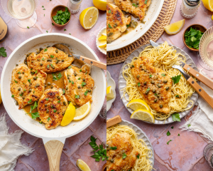 Side-by-side of the lemon chicken piccata finished in a pan then served on a plate with spaghetti noodles.