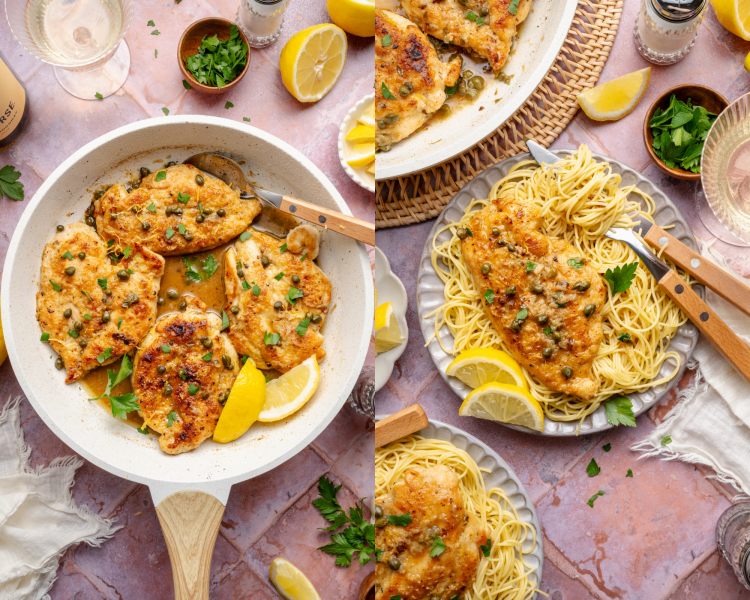 Side-by-side of the lemon chicken piccata finished in a pan then served on a plate with spaghetti noodles.