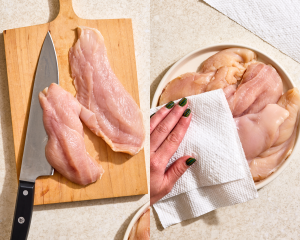 Side-by-side of slicing the chicken breasts then patting dry with a paper towel.