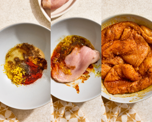 Three images side-by-side showing making the marinade then tossing the chicken in it to fully coat.